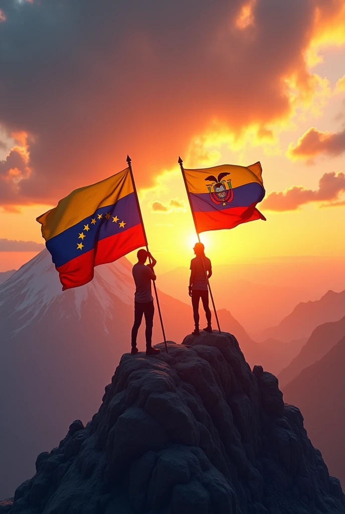 Two people raising flags, one flag of Venezuela and the other flag of Ecuador, on a high mountain in the sunset rays of the sun , realist