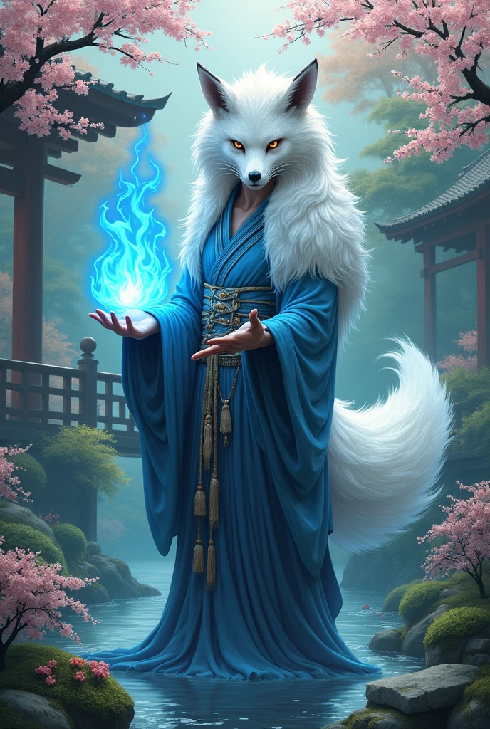 handsome man,Yokai ,nine-tailed fox in a garden with blue flames in his hands