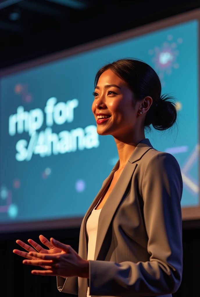 Ultra-realistic 4k image of an attractive woman with a penetrating gaze giving a talk, happy, with a background of a projection in which the title “RHP for S” can be clearly and completely read./4HANA” blurred by the focus of the image, which will be focused on women