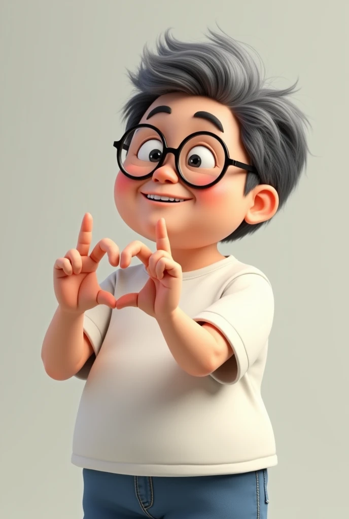 Create an image of a man with a round face, about 5'0" tall, wearing a white shirt and blue shorts. He’s making a finger heart gesture like the one in Korean dramas . He has thick glasses, droopy or sad eyes, and typical dad hair with some gray and white strands but still black. he's skin is moreno, and make it hes pose is like on the side