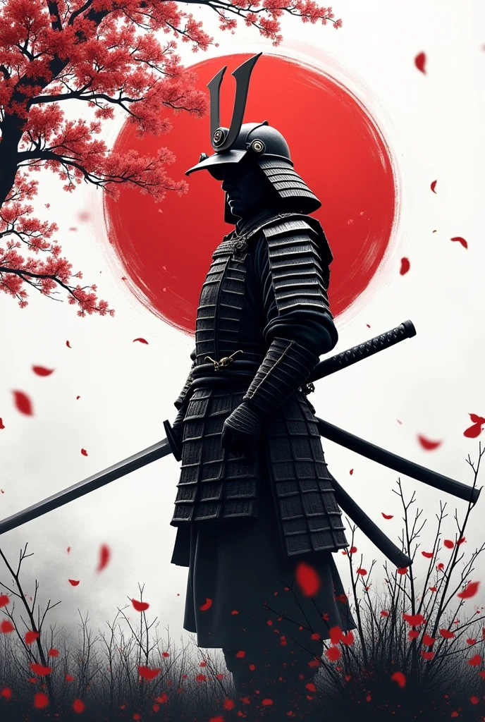 A Flag using a Japanese samurai with a black and white cherry blossom background