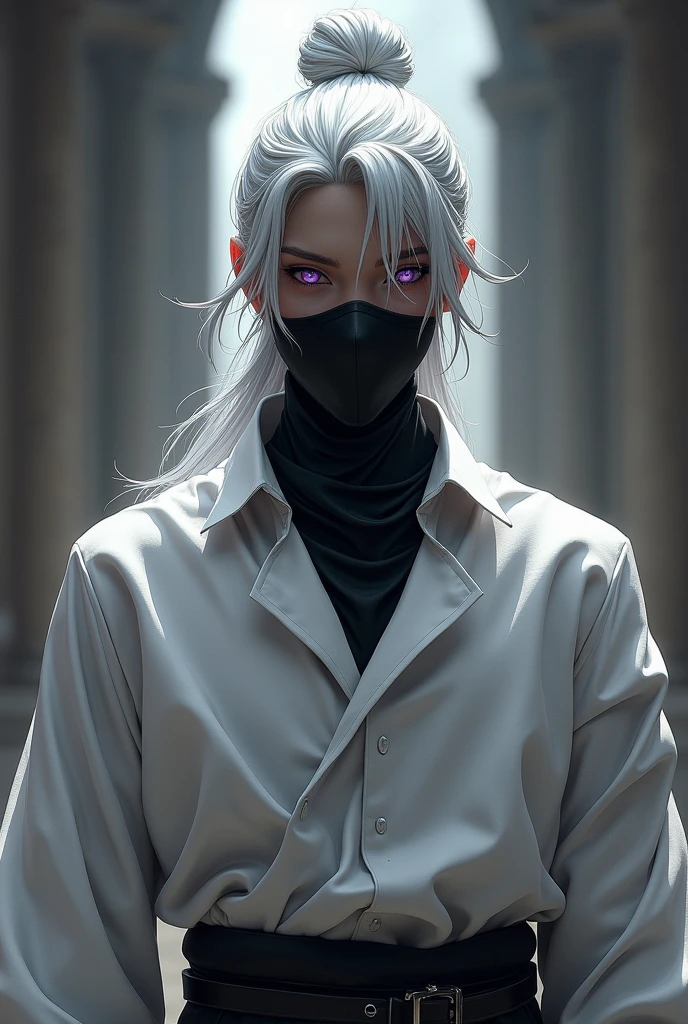 Create a male character with white hair, tied in a bun in the middle of the head, with knightly'white shirt with black mask and purple eyes