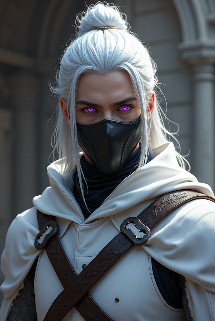 Create a male character with white hair, tied in a bun in the middle of the head, with knightly'white shirt with black mask and purple eyes