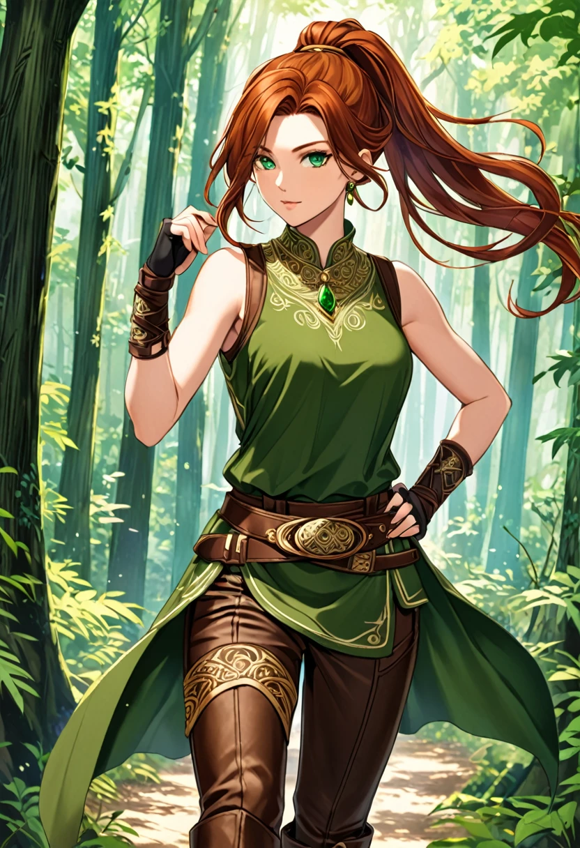 She has long, flowing auburn hair tied into a high ponytail with loose strands framing her face, piercing emerald eyes, and a lithe, athletic build; she wears a fitted, sleeveless tunic in deep forest green with intricate gold embroidery, paired with sturdy brown leather pants and knee-high boots, a wide belt with pouches for practical use, and fingerless gloves that allow for dexterity, all complemented by a simple, yet elegant, silver pendant around her neck.