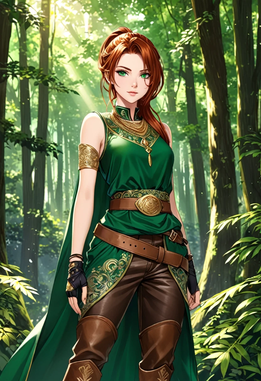 She has long, flowing auburn hair tied into a high ponytail with loose strands framing her face, piercing emerald eyes, and a lithe, athletic build; she wears a fitted, sleeveless tunic in deep forest green with intricate gold embroidery, paired with sturdy brown leather pants and knee-high boots, a wide belt with pouches for practical use, and fingerless gloves that allow for dexterity, all complemented by a simple, yet elegant, silver pendant around her neck.