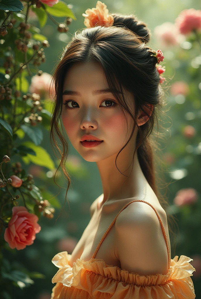 A beautiful girl in a lush garden, detailed face and eyes, long eyelashes, elegant pose, intricate floral background, vibrant colors, dramatic lighting, digital art, 8K, photorealistic, masterpiece