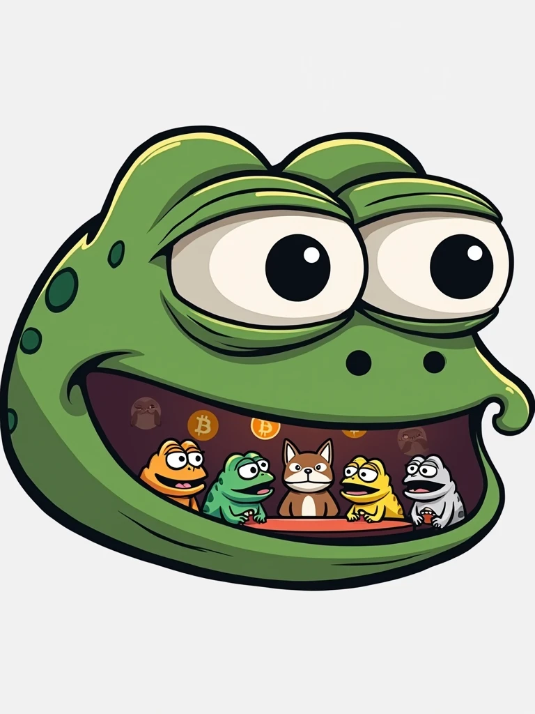 Drawing of 5 frogs (same as the picture) talking sitting in a bar and in the background symbols of Crypto tokens, in the eyes of these frogs the symbols of Bitcoin and memecoins (Dogecoin, Shina inu, pepe) This drawing is to create a logo.