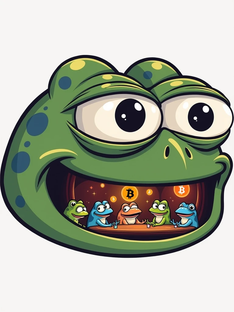 Drawing of 5 frogs (same as the picture) talking sitting in a bar and in the background symbols of Crypto tokens, in the eyes of these frogs the symbols of Bitcoin and memecoins (Dogecoin, Shina inu, pepe) This drawing is to create a logo.