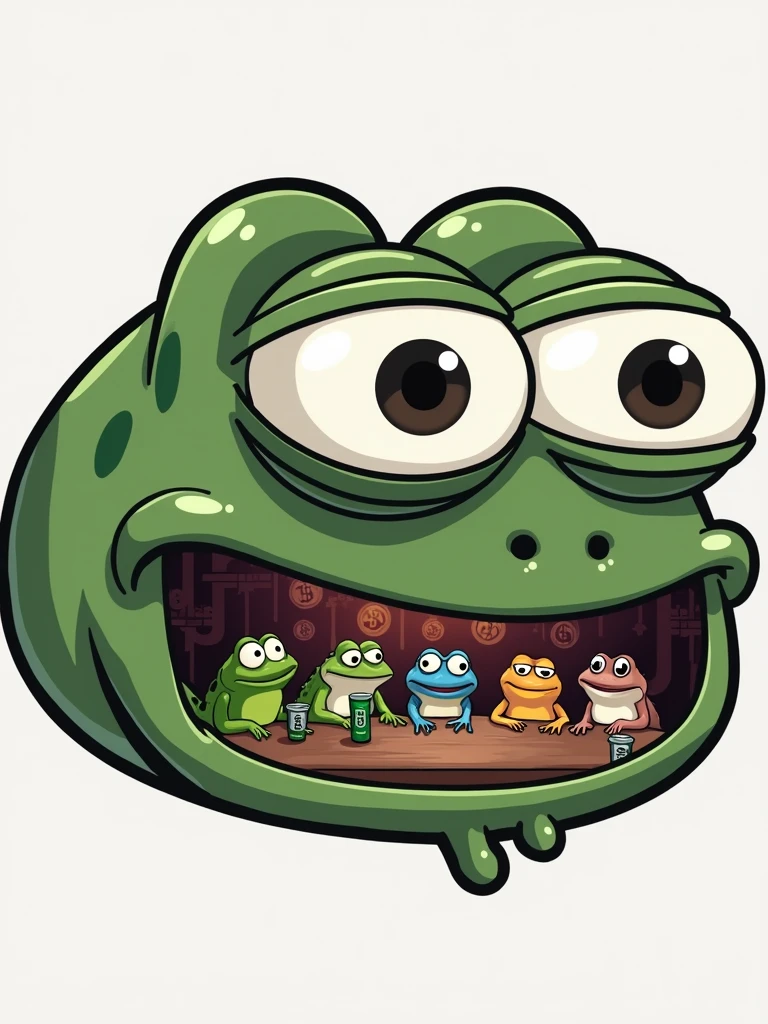 Drawing of 5 frogs (same as the picture) talking sitting in a bar and in the background symbols of Crypto tokens, in the eyes of these frogs the symbols of Bitcoin and memecoins (Dogecoin, Shina inu, pepe) This drawing is to create a logo.