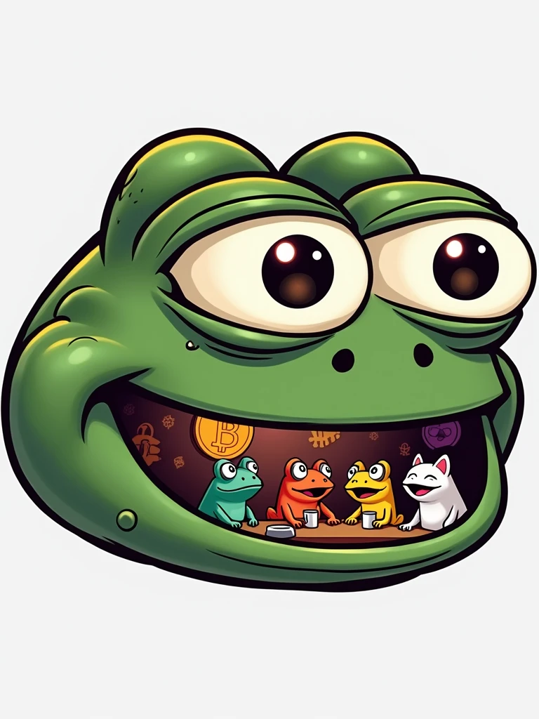 Drawing of 5 frogs (same as the picture) talking sitting in a bar and in the background symbols of Crypto tokens, in the eyes of these frogs the symbols of Bitcoin and memecoins (Dogecoin, Shina inu, pepe) This drawing is to create a logo.