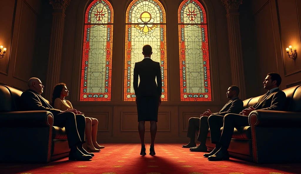 one muslim man, one jamaican man and one african woman sitting in couches appart from each other and staring at an standing executive black woman, in a big office in the style of the godfather movies, stained glass windows at sides