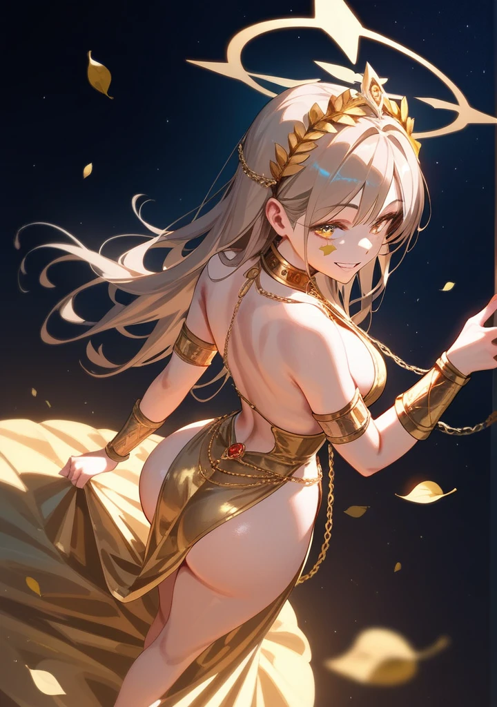 (close up:1.5), full body pose (bent over in luxurious garden:1.1) (elaborate luxurious dress) ( high up) (arched back) (from above) (from behind:1.4) (facing away) (inviting body posture), (golden halo) golden chain choker, night, mood lighting, Perfect Anatomy, performance, Good lighting, mood lighting, large brearge butt, thin t, Long HAIR, light brown HAIR, golden eyes, original HAIR style, Dynamic Angle, (seductive look:1.4), playful smile with teeth showing, (detailed face:1.3), gold leaf bracers on arms, gold leaf hair piece