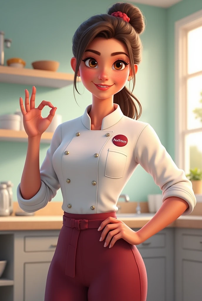 A FEMALE NUTRITIONIST WITH A MANAGERIAL AIR, DRESSED IN A CHEF'S OUTFIT WITH THE NUTRINOR COMPANY LOGO IN BURGUNDY RED, EMBROIDERED ON THE CHEST OF THE CLOTHING, WITH ONE HAND ON THE WAIST AND THE OTHER MAKING AN OK SIGN, expressing satisfaction. DRAWING LIKE PIXAR.