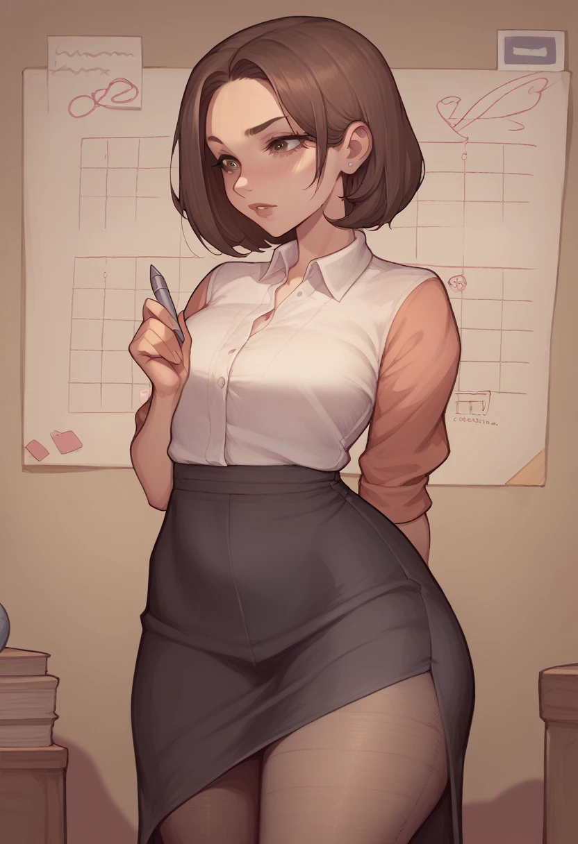 girl, middle age, brown hair, visual novel character, teacher, tights, black long skirt, stand, front, holding a pen