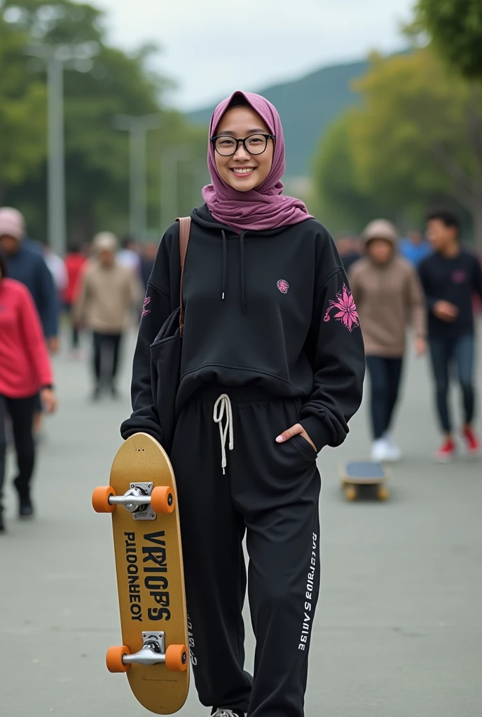 Original photo. smiling face of young Indonesian woman 195cm tall wearing glasses. wearing a sharia hijab. wearing a black hoodie with pink motifs. it says "NELTA CIABENK" jogger pants. Vans sneakers, holding a gold skateboard on the back that says "10K FOLLOWERS" is an American skate board ride. lots of skaters playing. Realistic photography, very realistic