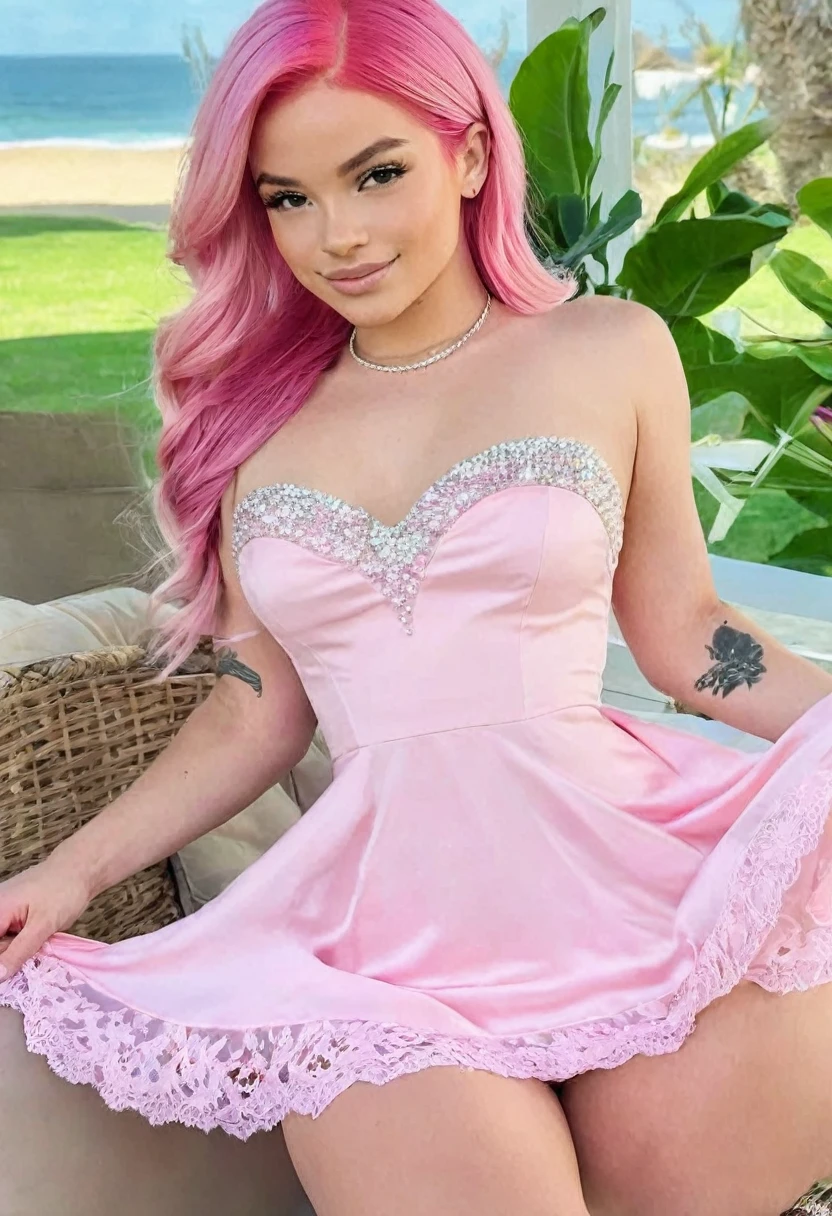 ((high quality:1.2)), (8k), extremely detailed, ((High detail:1.2)), ((best resolution:1.4)), (Elsa Jean with pink hair), Solo, ((brazilian female:1.45)), ((dress)), (perfect hot body, thick thighs),