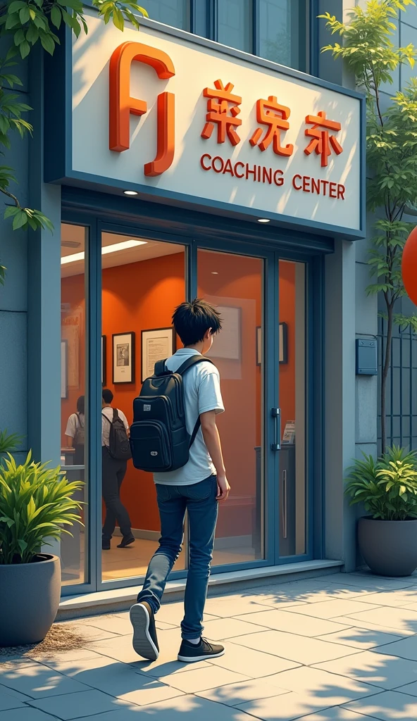 channel starting intro, just student entrying to coaching center and coaching center name is "FJ-Here" written in bold.
