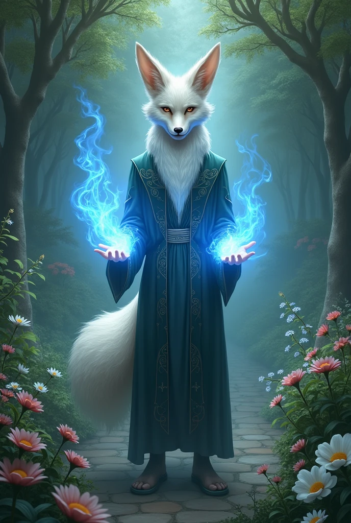 Man with cute nine-tailed fox face in a garden with blue flames in his hands