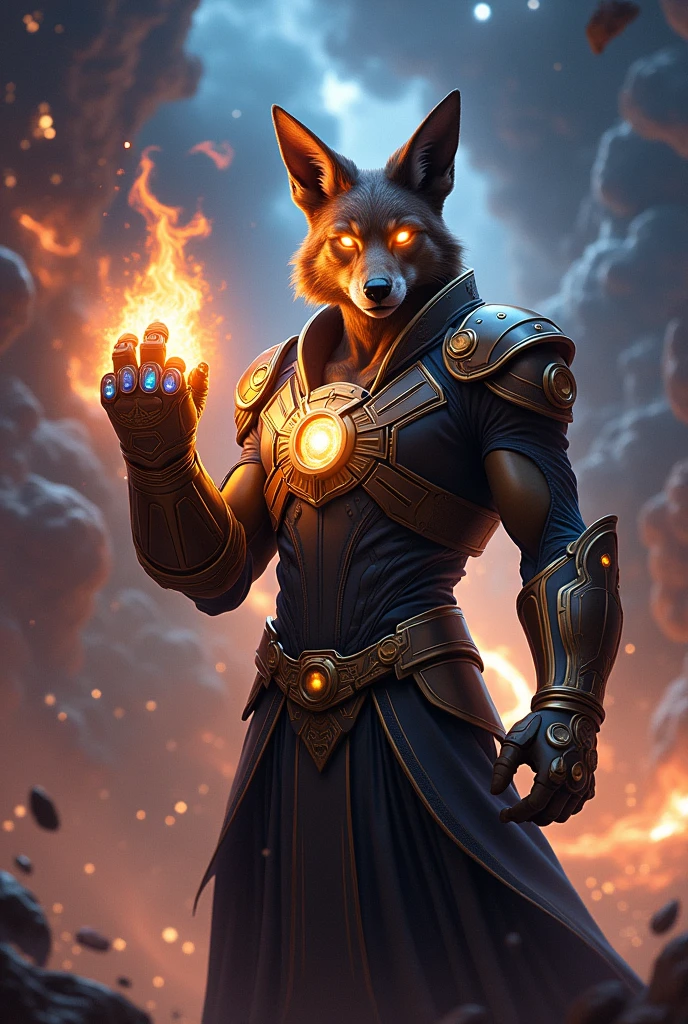 Infinity The jackal with the infinity gauntlet snapping his fingers
