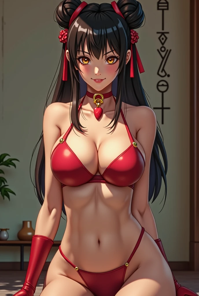chun li character, with 42DDD breasts, completly nude, front view, sparse heart shaped pubic hair, full image
