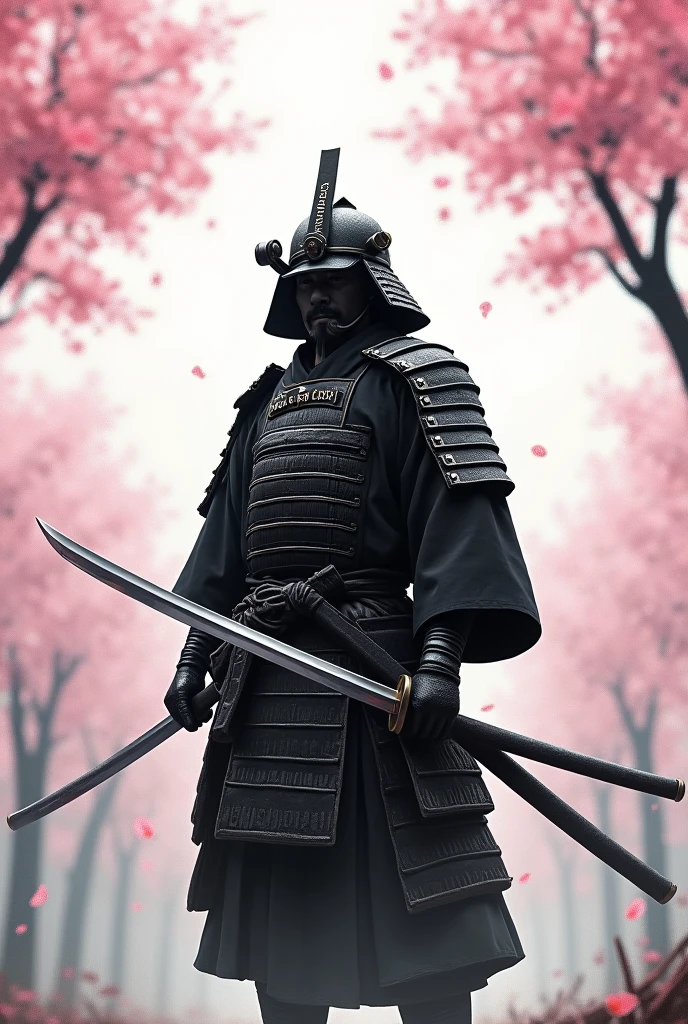 A Flag using a Japanese samurai with a background of pink cherry blossoms, black and white 