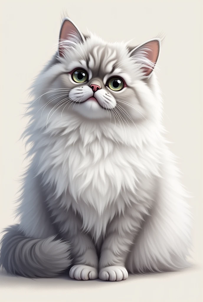 create a drawing of a cat in light gray color, with white fur details, of the Persian race, long hair and loving look