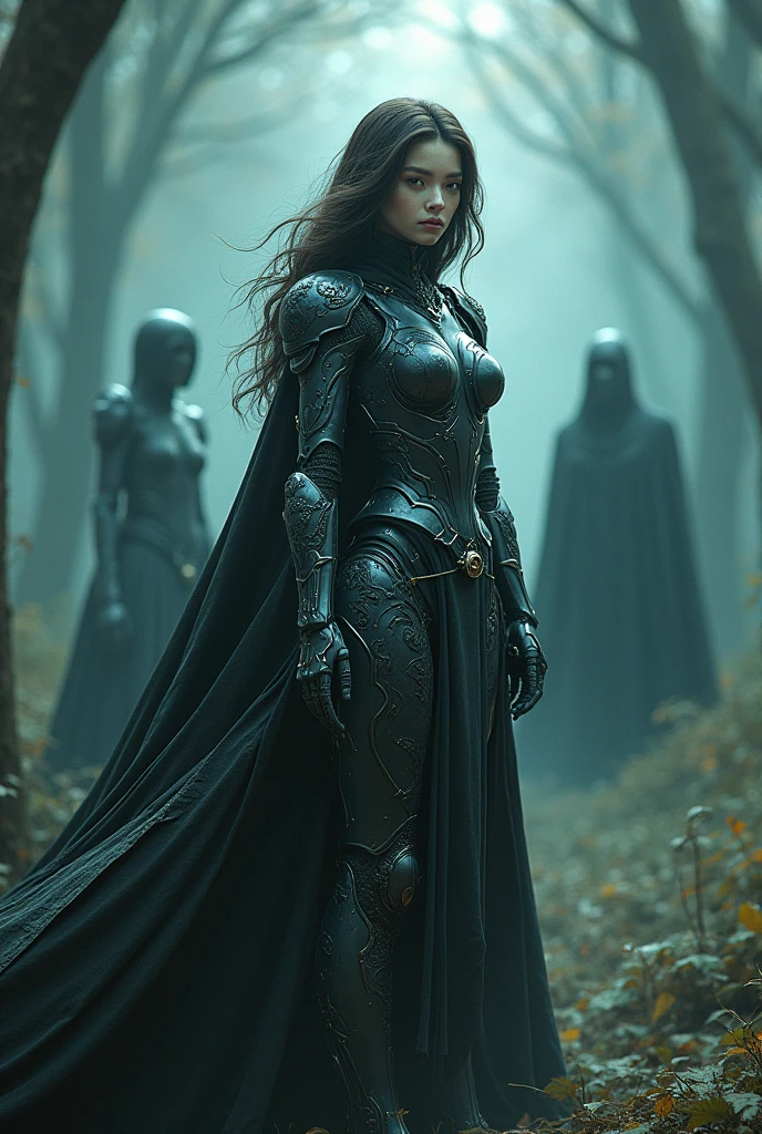 In the mysterious forest, Powerful wizards rule high above, Wearing a flowing cloak，It is decorated with intricate patterns. Wizards are masters of magic and technology, As reflected in the mechanical exoskeleton armor that covers their bodies. The armor shines with the figure of a hybrid woman, Exudes an aura of strength and elegance. There was a hint of mystery in her charming eyes, And her sweet lips have a hint of enchantment. As she gazes into the distance, Her long eyelashes brushed across her cheeks, Enhance her seductive gaze.
Around the wizard, A group of eerie assassins move gracefully through the shadows, Form an elite team of ghost warriors. They possess otherworldly agility and stealth, Blend seamlessly with the ethereal beauty that surrounds you.
The artwork is of the highest quality

With a hint of studio lighting, The colors in the image are vibrant and deep. The scene is bathed in a captivating color palette, Depicts the serene and mysterious atmosphere of the forest. The soft glow of the magical light adds a touch of charm，Evoke an ethereal sense of wonder.
Allusions embody a fusion of artistic styles, Combine classic fantasy elements, Sci-fi, and concept art. This fusion of styles gives the artwork a unique and captivating visual identity
"wizard,Cloak,Virgo Kasha mechanical exoskeleton armor,Female,majestic-looking,Phantom Assassin,(Best quality,4K,A high resolution,Masterpiece:1.2),Ultra-detailed,(Realistic,Photorealistic,photo-realistic:1.37),Studio lighting,Vivid colors,Ethereal beauty"