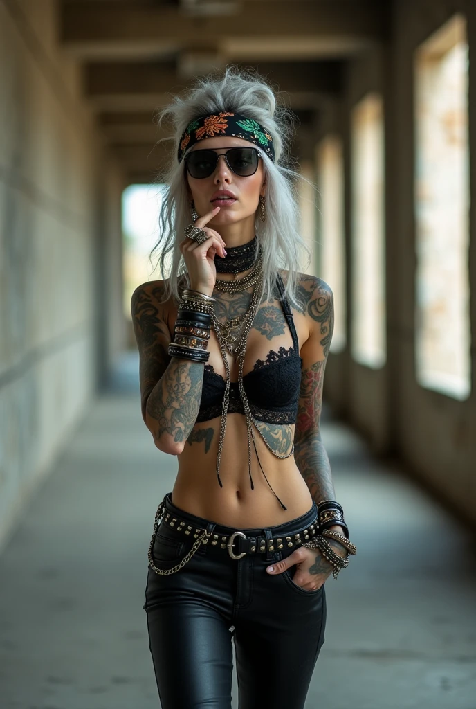 russian milf woman, grey hair (bouffant, top bun) and oversized square sunglasses and wide colourful bandana as headband, with very light green eyes, extremely pale. Big lips. Black lace push up bra, silicone breast,, tight skinny black low rise leather jeans. Flip flops. Lots of thick wide studded bracelets, chain collars and big rings,. Two loose studded belts. Long earrings with chains and feathers. Walking, stretching her neck and looking up in surprise, craving., Neck, chest, stomach and wrists heavily tattoed. Touches the lip of her open mouth. The other hand in pocket. Toned abdominals, thin neck, slim legs and thin arms. Narrow hips. Full body. At a long narrow industrial corridor with natural light. Another woman like her five metres behind, as a guard, checking the horizon. Full body