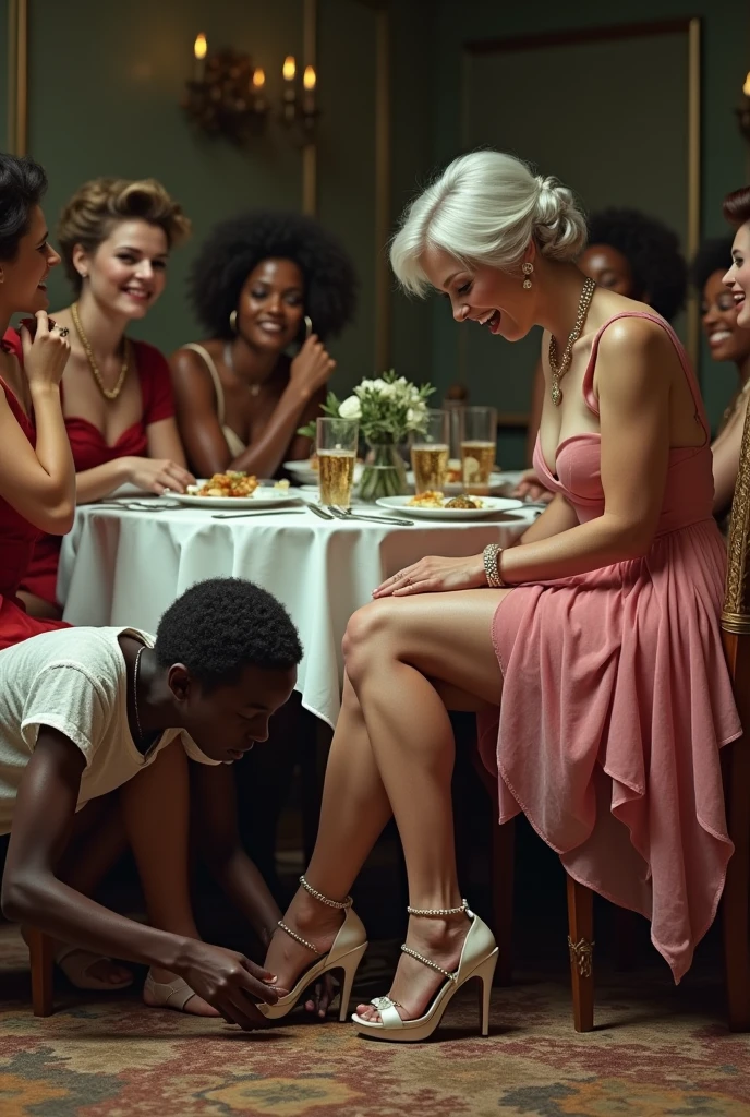 A malnourished, thin and sick black maid cleans the sandals of a wealthy and millionaire woman with her mouth and tongue. the black maid crawls on the floor. The wealthy and millionaire woman, with white skin, silver hair, a luxurious pink miniskirt, fishnet stockings, and black high-heeled sandals, is sitting in front of a table and eating calmly while making fun of the black maid. In the background, English women sitting at the same table laugh and make fun of the maid.
