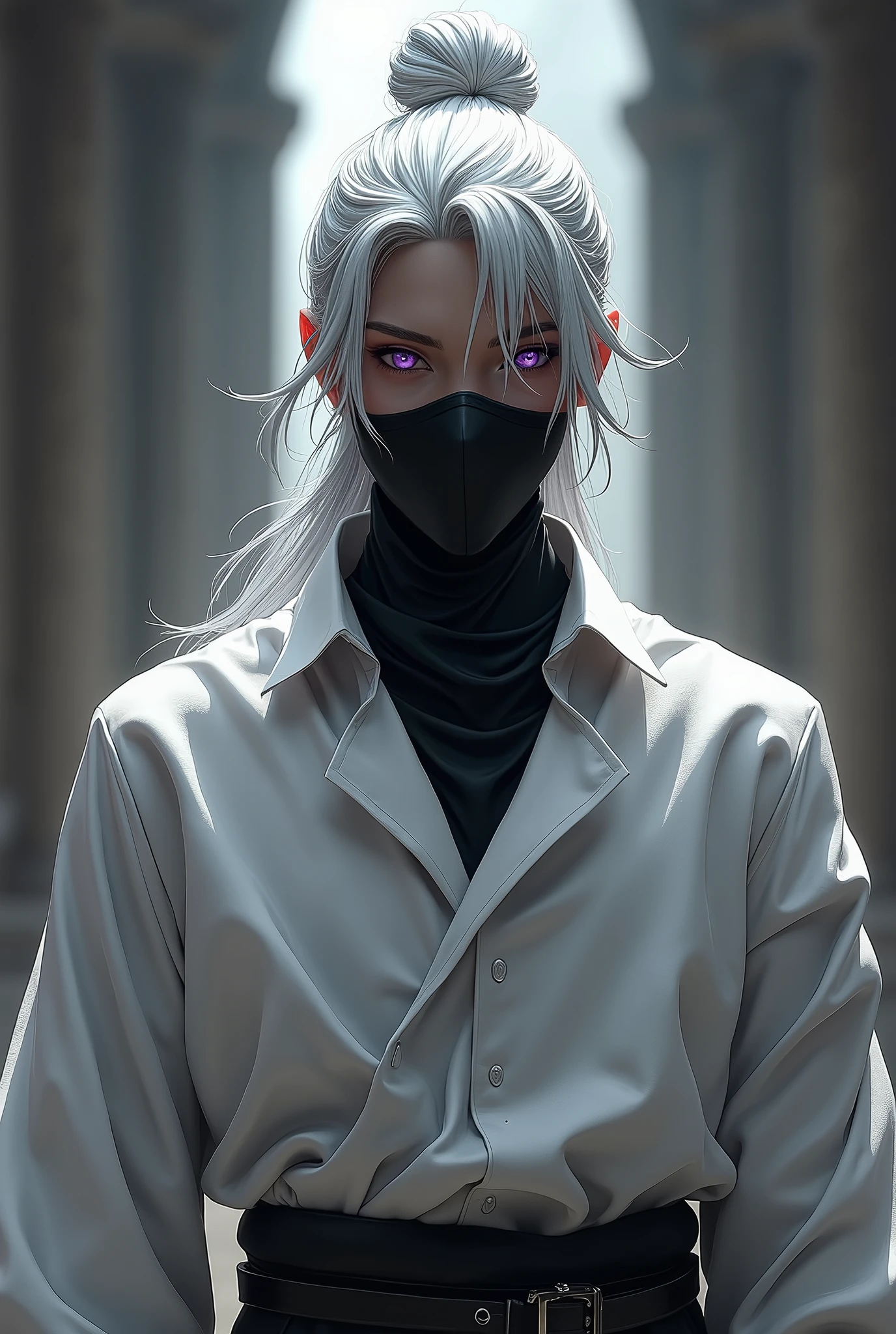 Create a male character with white hair, tied in a bun in the middle of the head, with knightly&#39;white shirt with black mask and purple eyes