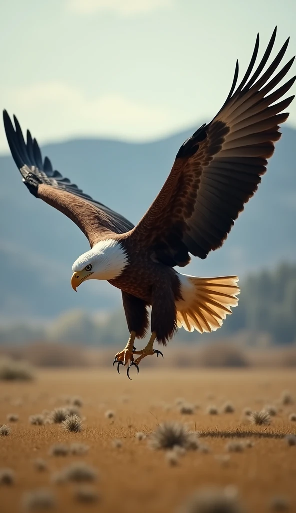 Ultrarealistic 8k Image, "an eagle in full flight, about to dive towards its prey. Your eyes are fully focused, with an intense and determined expression. The background shows an open field with distant hills., but the eagle is fixed on a single point, symbolizing your absolute focus. The image captures the moment before the action, conveying determination and precision."