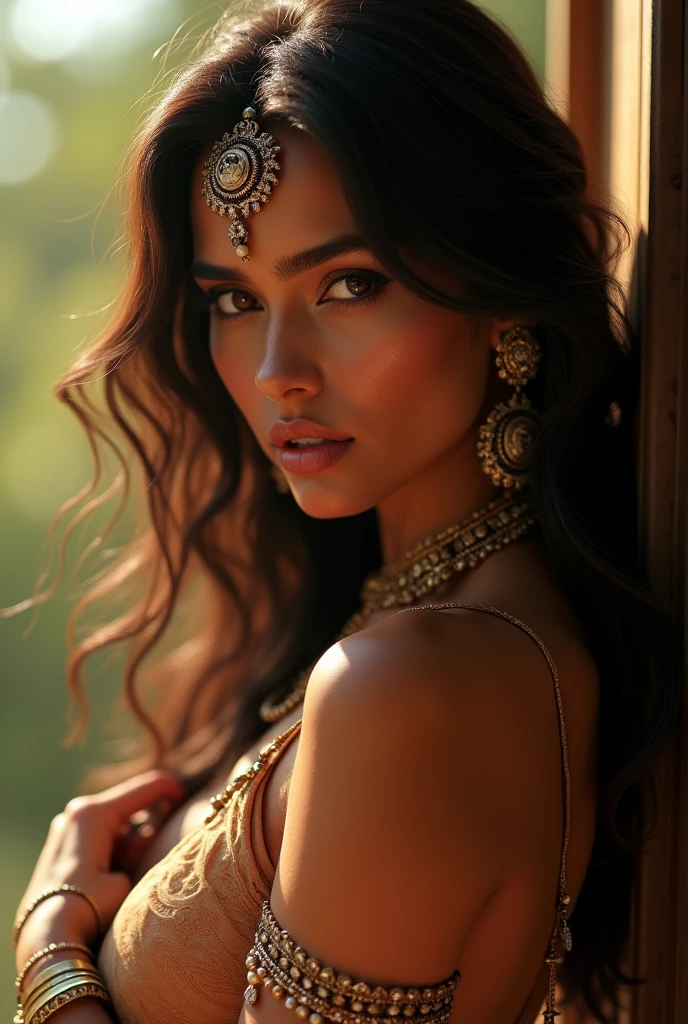 a nude indian woman in a plain,detailed face,beautiful detailed eyes,beautiful detailed lips,extremely detailed eyes and face,longeyelashes,beautiful intricate jewelry,detailed ornate bracelets,detailed ornate necklace,flowing hair,natural light,dramatic lighting,warm colors,vibrant colors,cinematic lighting,dramatic shadows,photorealistic,ultra-detailed,best quality,4k,8k,highres,masterpiece:1.2,ultra-detailed,realistic,photorealistic,photo-realistic:1.37
