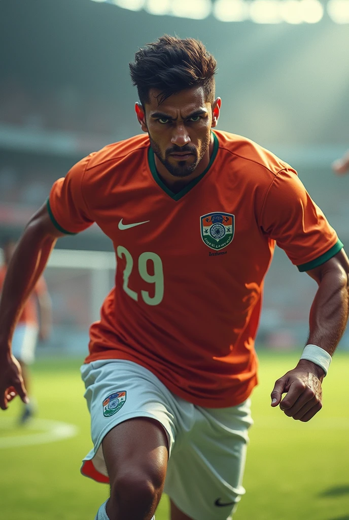 A indian football player wear indian football team jersey which name is vasu with masculine body angry confident face and jersey no. 29
Way on goal