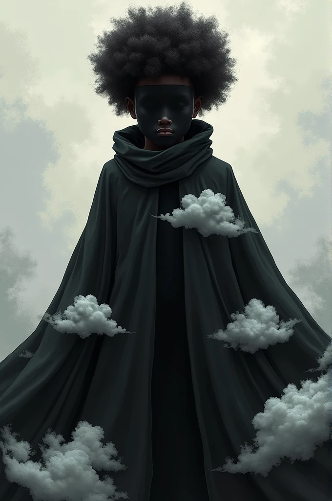 black boy with afro hair and black mask that covers his entire face,with black coat with white clouds