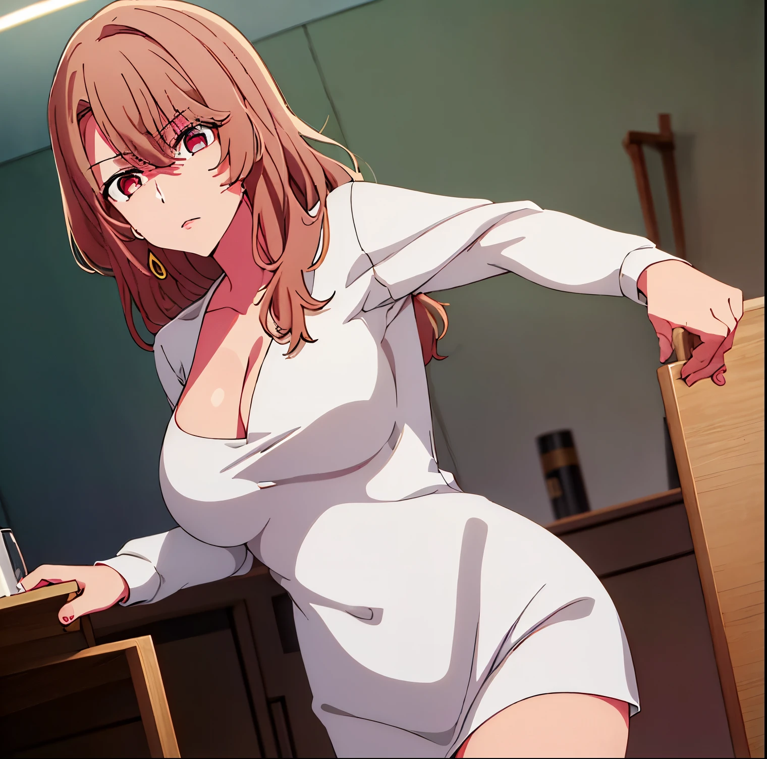 1girl, alone, miyako saitou, simple white background, (white_jacket), (red_dress), (deep_neckline), long_sleeves, jewelry, collarbone, earrings, open_clothes, pink eyes, light brown hair, eyebrows_visible_through_hair, bangs, 1 girl, 20 years old, Young woman, full body,Beautiful finger, Beautiful long legs, Beautiful body, Beautiful nose, Beautiful character design, perfect eyes, perfect face, expressive eyes, perfect balance, looking at viewer, (focusing on his face), mouth closed, (innocent_big_eyes:1.0), Light_Smile, official art, extremely detailed CG unity 8k wallpaper, perfect lighting, colorful, bright front lighting, shiny skin, (masterpiece: 1.0), (best_quality: 1.0), ultra-high resolution, 4K, ultra-detailed, photography, 8K, HDR, high resolution, absurdities:1.2, Kodak portra 400, film grain, blurred background, bokeh:1.2, lens flare, (vibrant_color:1.2), professional photography, (Beautiful, big_breasts: 1.4), (beautiful_face: 1.5), (narrow_waist), wide hips, medium thighs, full body excellent anatomy, excellent hands