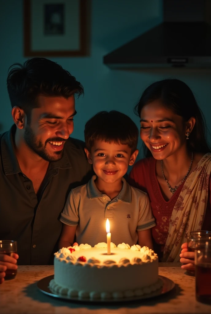 create cinematic, photo realistic film poster of a christian family consisting of a father, mother and  son in Darjeeling, celebrating birthday of the son, cake cutting inside their kitchen at night, candle burning, lights off, excitement, moody, less contrasting colour tone, fair skin tone people, father no moustaches 