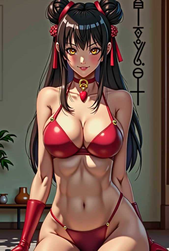 chun li character, with 42DDD breasts, completly nude, front view, sparse heart shaped pubic hair, full image