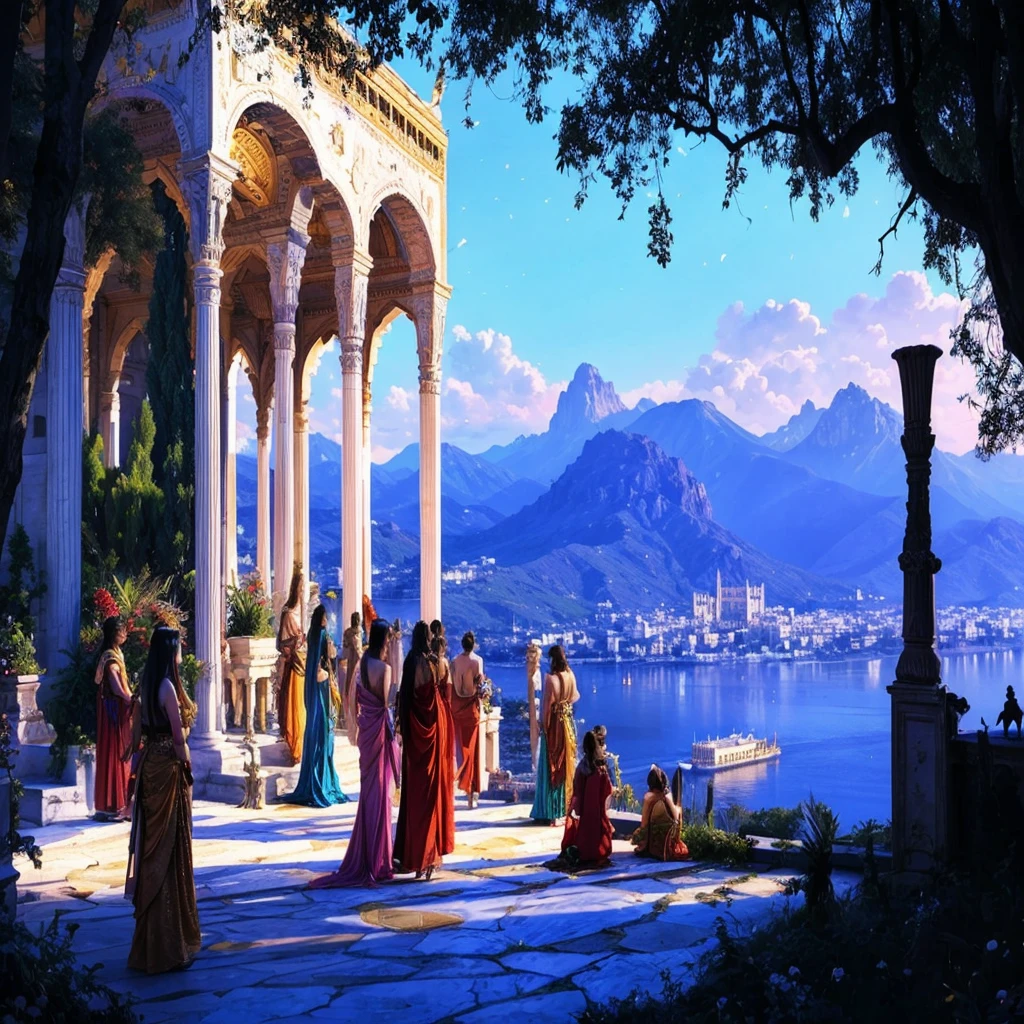 A dramatic harem scene set atop a grand palace overlooking a city engulfed in flames. The palace, a majestic blend of Roman, Greek, and Middle Eastern architectural elements, is perched high above the city. Its marble columns, arabesque arches, and mosaic pathways are intertwined with lush trees, creating a serene yet tense environment. The sky is an intense night blue, filled with countless stars, adding to the contrast of the burning city below. The women of the harem, vibrant and adorned in flowing garments of mixed Greek, Roman, and Oriental styles, each wearing ornate jewelry, are gathered together on the palace terrace. They gaze down at the city, which is covered in flames, observing the chaos below. In the distance, the cityscape reveals the clash of warriors—some fighting to protect and preserve, while others seek to loot and destroy. The painterly style captures the tension and beauty of the scene, with detailed brushstrokes emphasizing the vividness of the women, the majesty of the palace, and the turmoil in the city below.