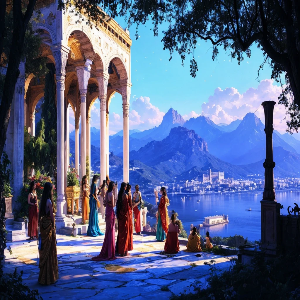 A dramatic harem scene set atop a grand palace overlooking a city engulfed in flames. The palace, a majestic blend of Roman, Greek, and Middle Eastern architectural elements, is perched high above the city. Its marble columns, arabesque arches, and mosaic pathways are intertwined with lush trees, creating a serene yet tense environment. The sky is an intense night blue, filled with countless stars, adding to the contrast of the burning city below. The women of the harem, vibrant and adorned in flowing garments of mixed Greek, Roman, and Oriental styles, each wearing ornate jewelry, are gathered together on the palace terrace. They gaze down at the city, which is covered in flames, observing the chaos below. In the distance, the cityscape reveals the clash of warriors—some fighting to protect and preserve, while others seek to loot and destroy. The painterly style captures the tension and beauty of the scene, with detailed brushstrokes emphasizing the vividness of the women, the majesty of the palace, and the turmoil in the city below.