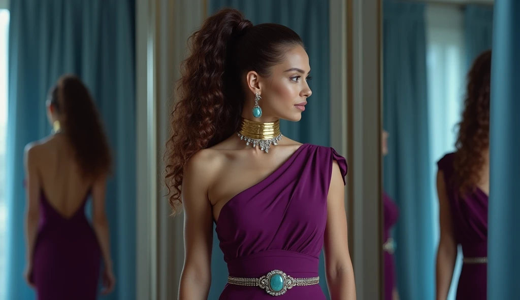 Plum wrap sheath dress with midi belt, beautiful long curly tobacco hair pulled back into a high sleek ponytail, gold choker with aquamarine, silver jewelry, against the background of mirrors with blue curtains