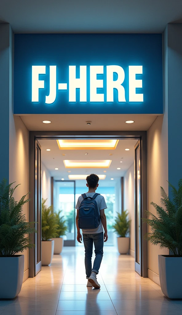 channel starting intro, just student entrying to coaching center and coaching center name is "FJ-Here" written in bold, show only in english.