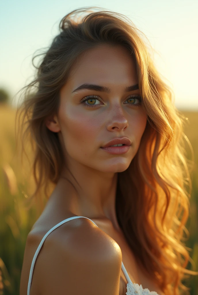 a woman changing clothes in an open field, beautiful detailed eyes, beautiful detailed lips, extremely detailed face and skin, long eyelashes, wanderlust, natural lighting, natural scenery, magical realism, ethereal, cinematic, dreamlike, vibrant colors, warm color palette, soft focus, depth of field, photorealistic, 8k, high resolution, best quality, masterpiece