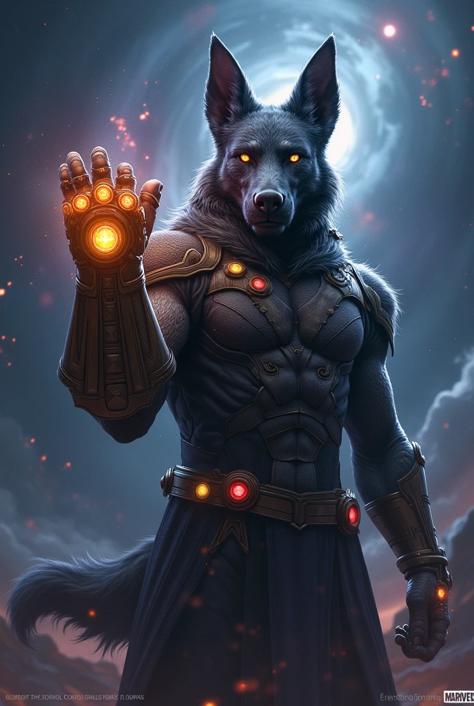 Infinite The jackal with the infinity gauntlet snapping his fingers