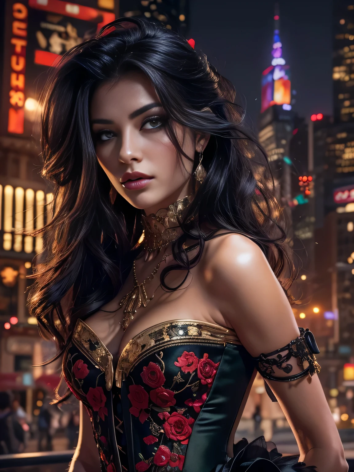 Twilight lady, beautiful and mysterious woman, a work of art of beauty, realistic and sharp focus, wearing sexy clothes. detailed Professionally retouched, soft lighting, realistic and smooth face, perfect eyes, sharp focus on eyes, 8k, high definition, incredibly detailed, complex, elegant. on a Time Square background at night. long black hair, striking face, expressive and crystalline green eyes, black floral tulle with gold embroidered edges draped over the shoulders, shiny red and gold satin corset, detailed and intricate, draped black skirt, light fabric, with golden roses at the waist, night background. Full HD.