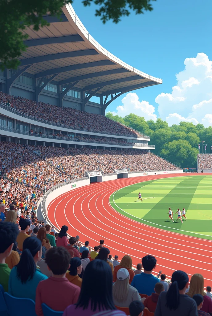 a grandstand at an athletics track with people cheering, with the view from the other side of the track
