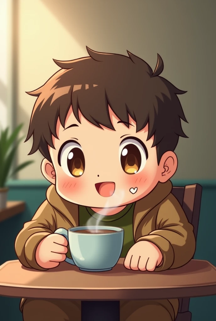 Anime cute chubby guy short brown haircut brown eyes light tan skin smoking cigarette coffee on the table wearing an olive green shirt and a cool brown jacket