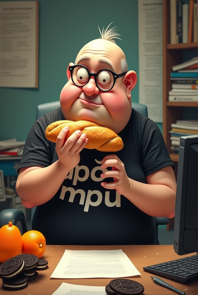 white male, 40 year old, baldie, completely smooth face, no fur, bochechas grandes, Scrawny, but very pot-bellied, wearing light glasses and eating baguette with lots of ham. Sitting behind a somewhat cluttered desk with a computer, stacks of papers, crumbs and lots of Oreo cookies. Wearing a black shirt with the following phrase: APOI0 MPU, an Oreo brand logo and a bag of tangerines on the table.