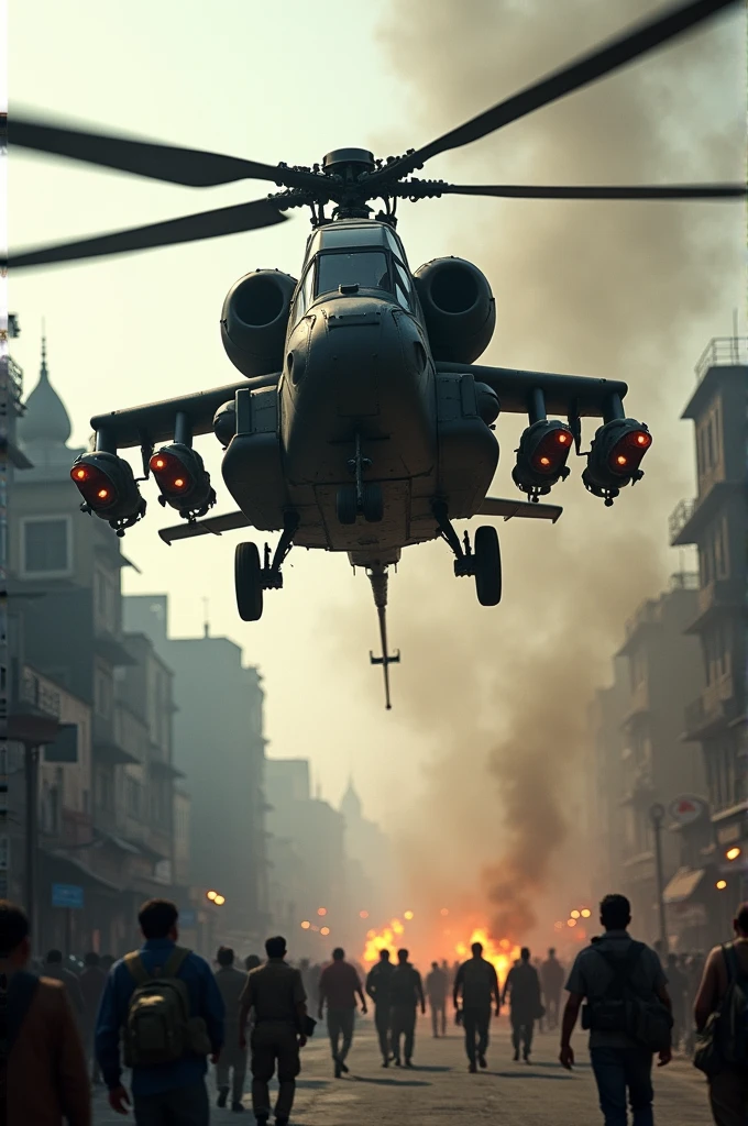 "An intense moment captured in a photograph: a helicopter dropping bombs over a city, capturing the chaos and destruction with (((intricate details))), ensuring the (((highest quality))) in the image. The composition should depict the complexity of the scene, with vivid colors and textures reflecting the gravity of the situation."