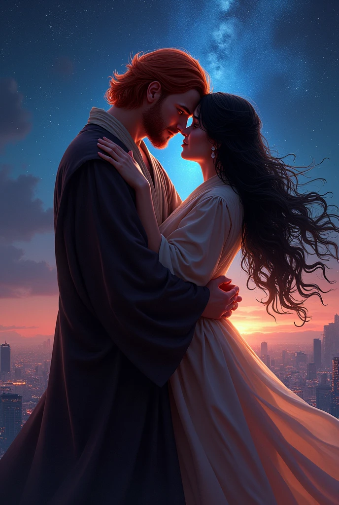 Red haired Jedi kissing black haired girl under the skyline of stars 