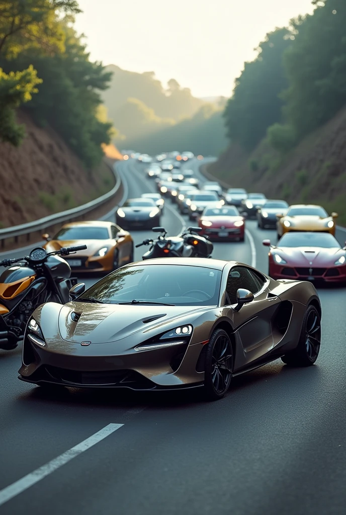 I need an image showing various models of cars, from the simplest to the most luxurious, with two similar motorcycles., You should see in front a simple one, a medium one and a luxurious one with a road background, at least 5 options ahead, and motorcycles